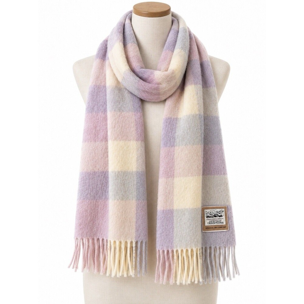 Heritage Traditions 100% Wool Pastel Plaid Scarf Dolly Mixture Check Fringe